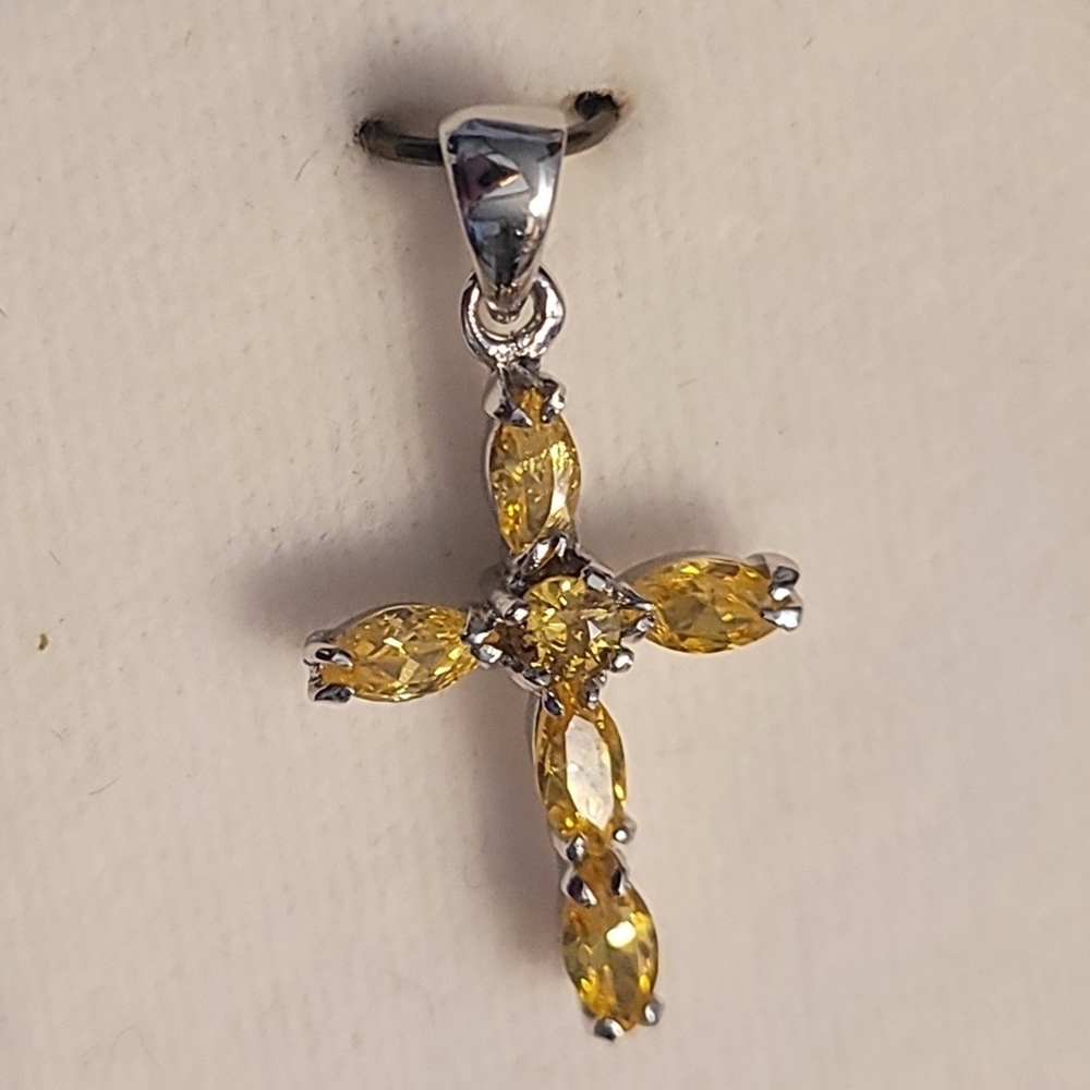 Elegant Sterling Silver with Citrine Yellow Gemstones Cross Pendant